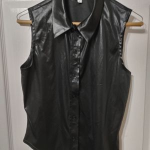 Lightweight shiny, black, sleeveless shirt.